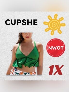 🇨🇳🆕NWOT CUPSHE | 1 X | Green Zoe Ruffle Crisscross Plus Size Bikini Top
